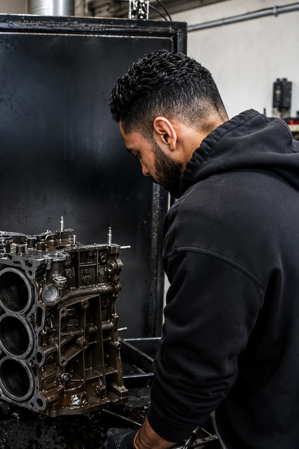 Noah cleaning an engine block at MJM Engines